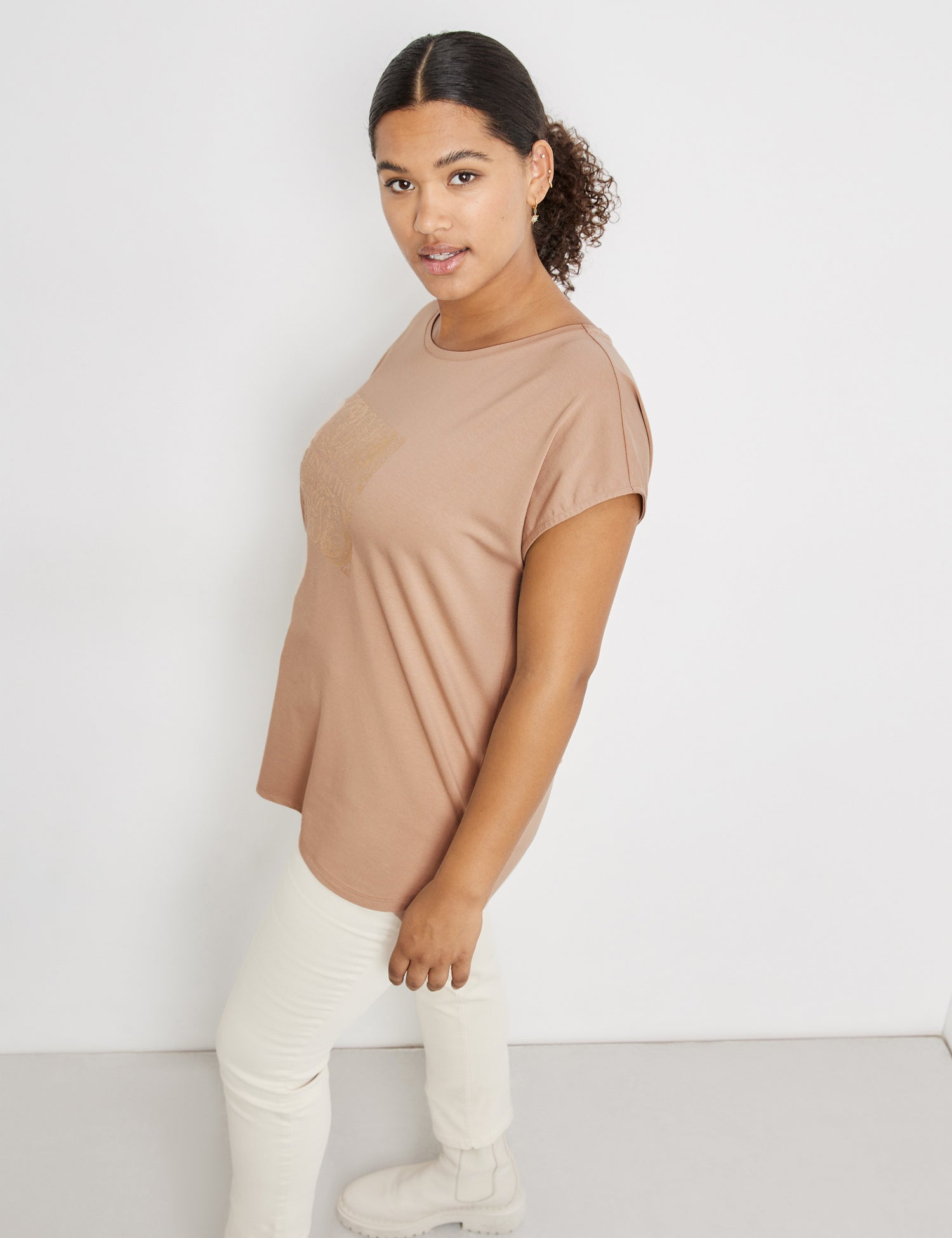 Beige T-Shirt With Metallic Print On The Front