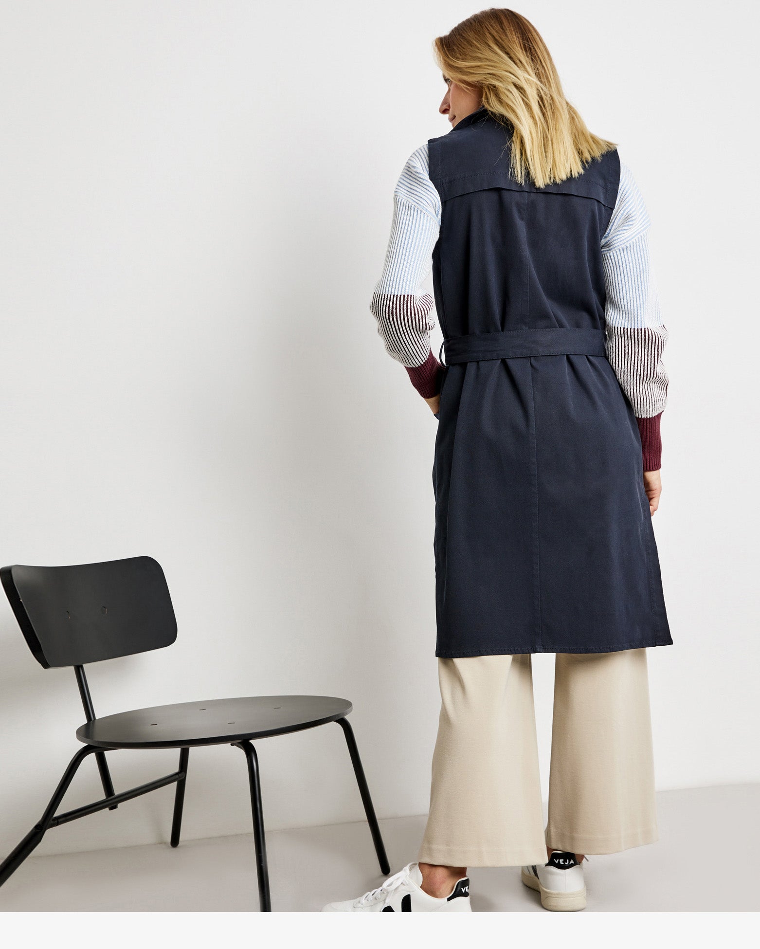 Dark Blue Long Waistcoat With A Tie-Around Belt