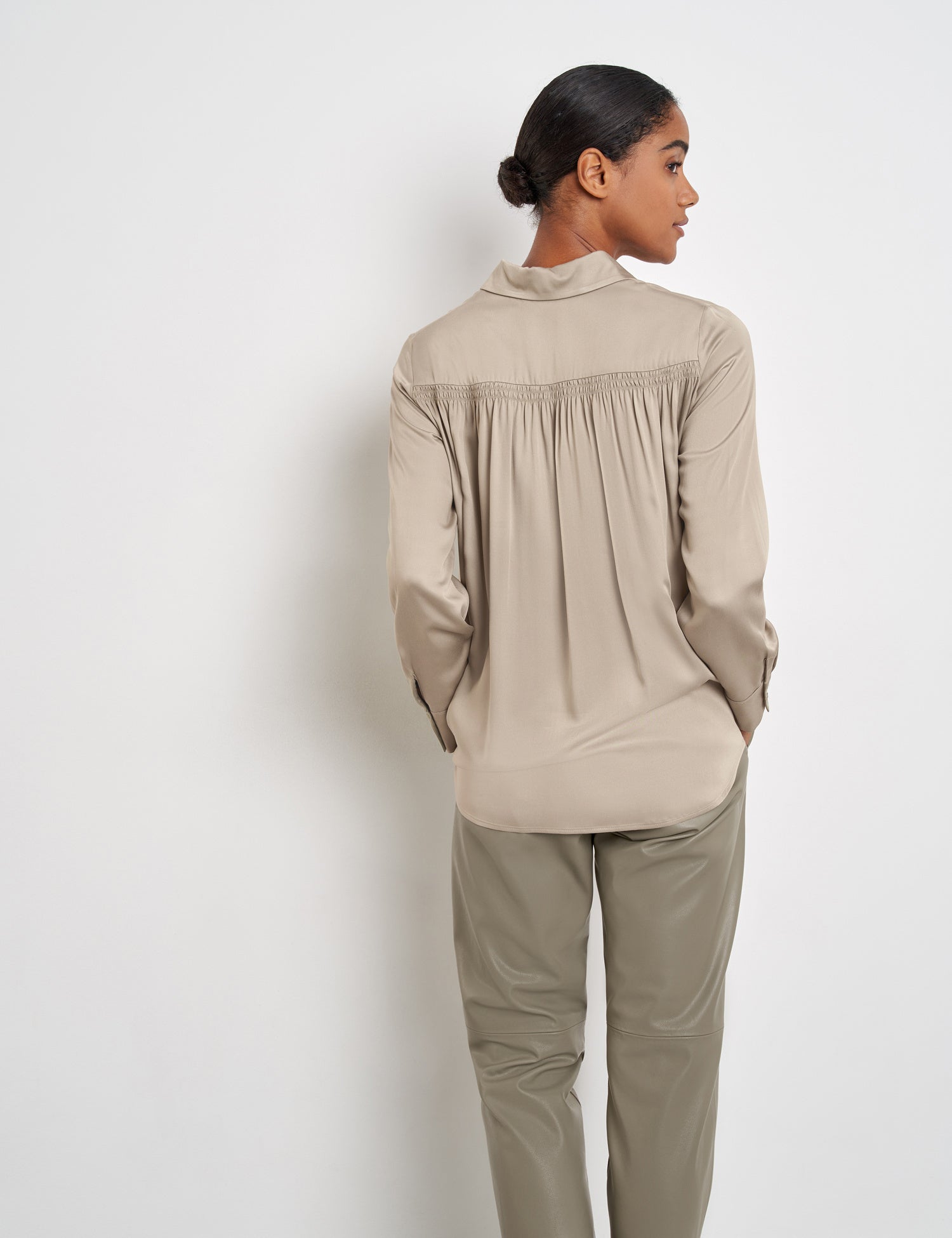 Beige Long Sleeve Blouse With Pleats