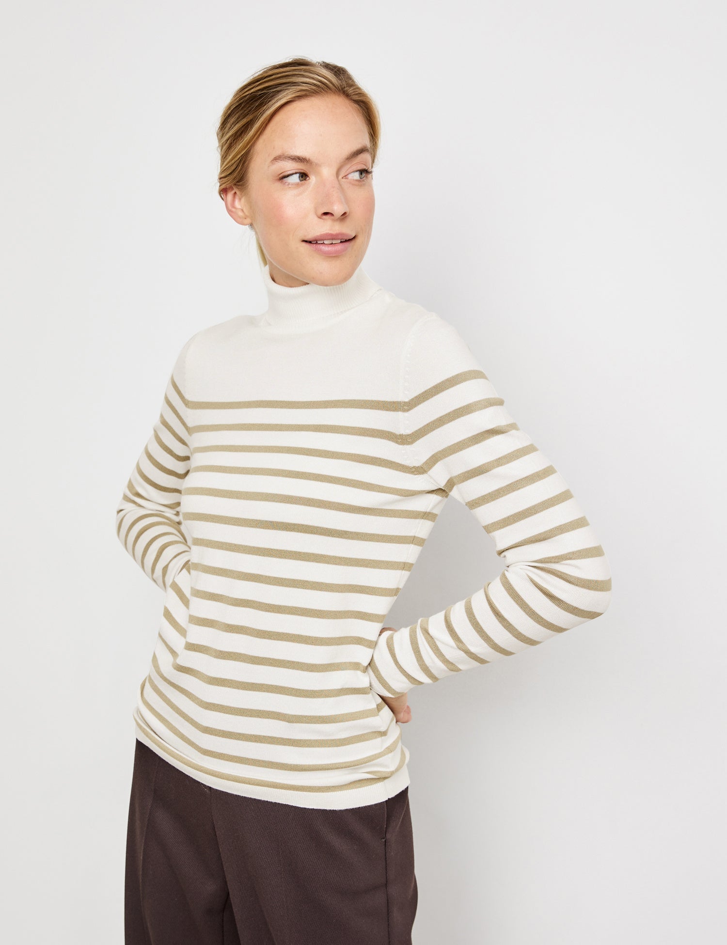 Beige Striped Turtleneck Sweater