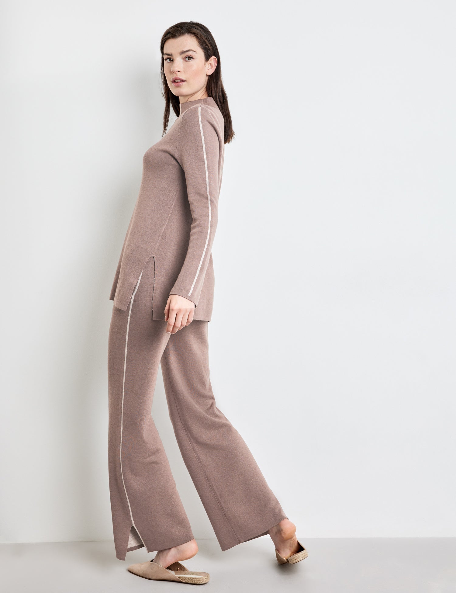 Beige Knitted Trousers With Side Slits Ecovero