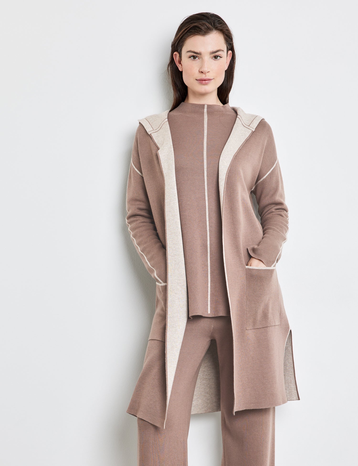 Beige Long Cardigan In Double Face Ecovero