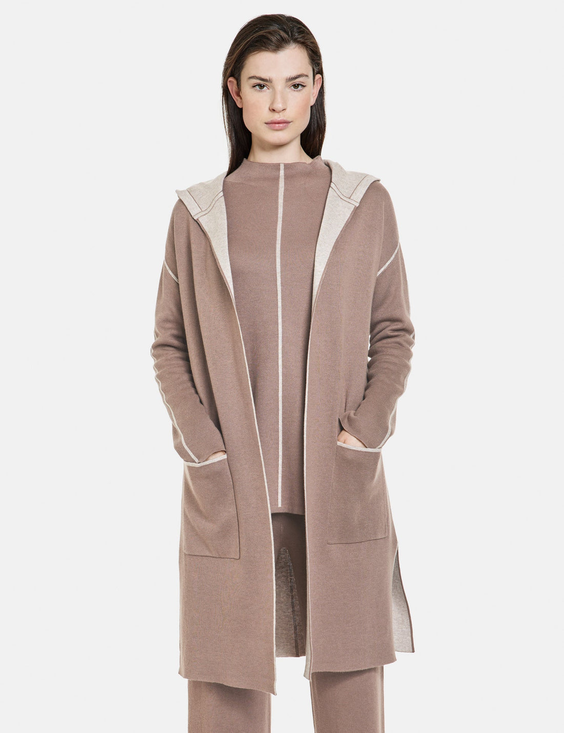 Beige Long Cardigan In Double Face Ecovero