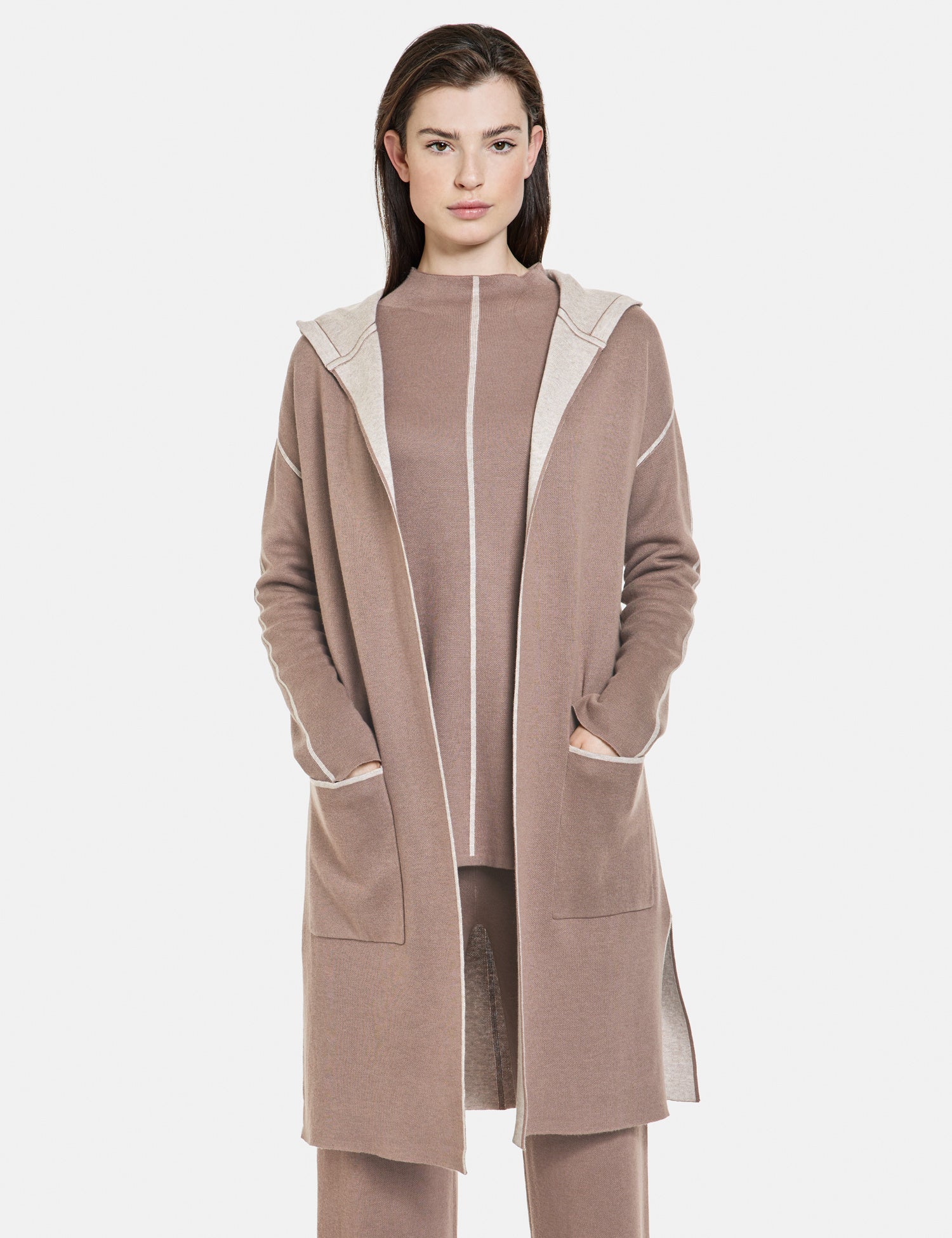 Beige Long Cardigan In Double Face Ecovero