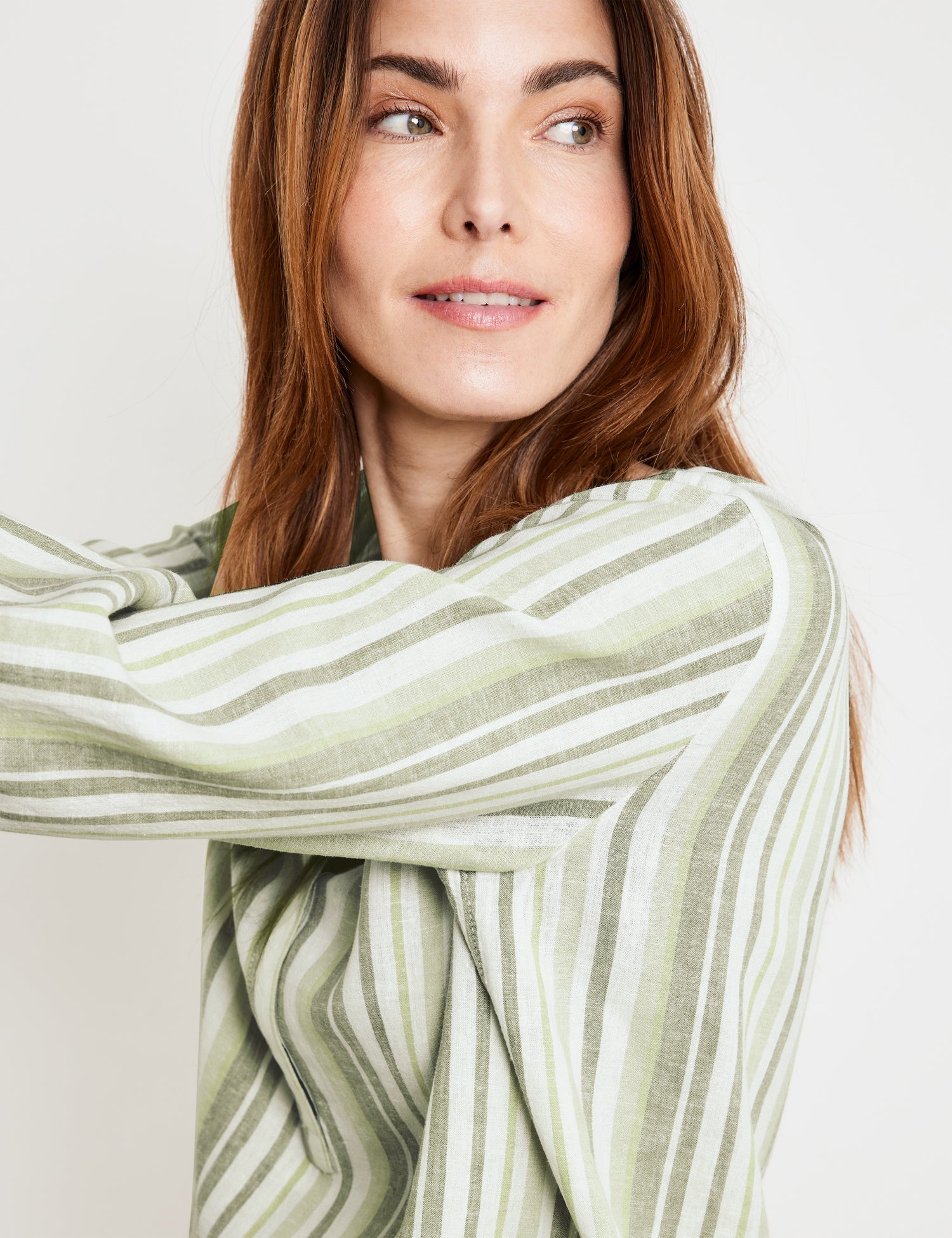 Striped Linen Blend Blouse With 3/4-Length Sleeves