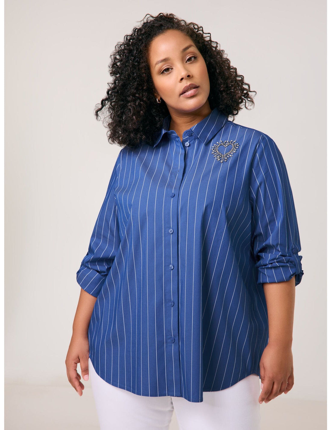 Samoon_Striped Cotton Blouse with Rhinestone AppliquŽs_660615-21126_8962_01