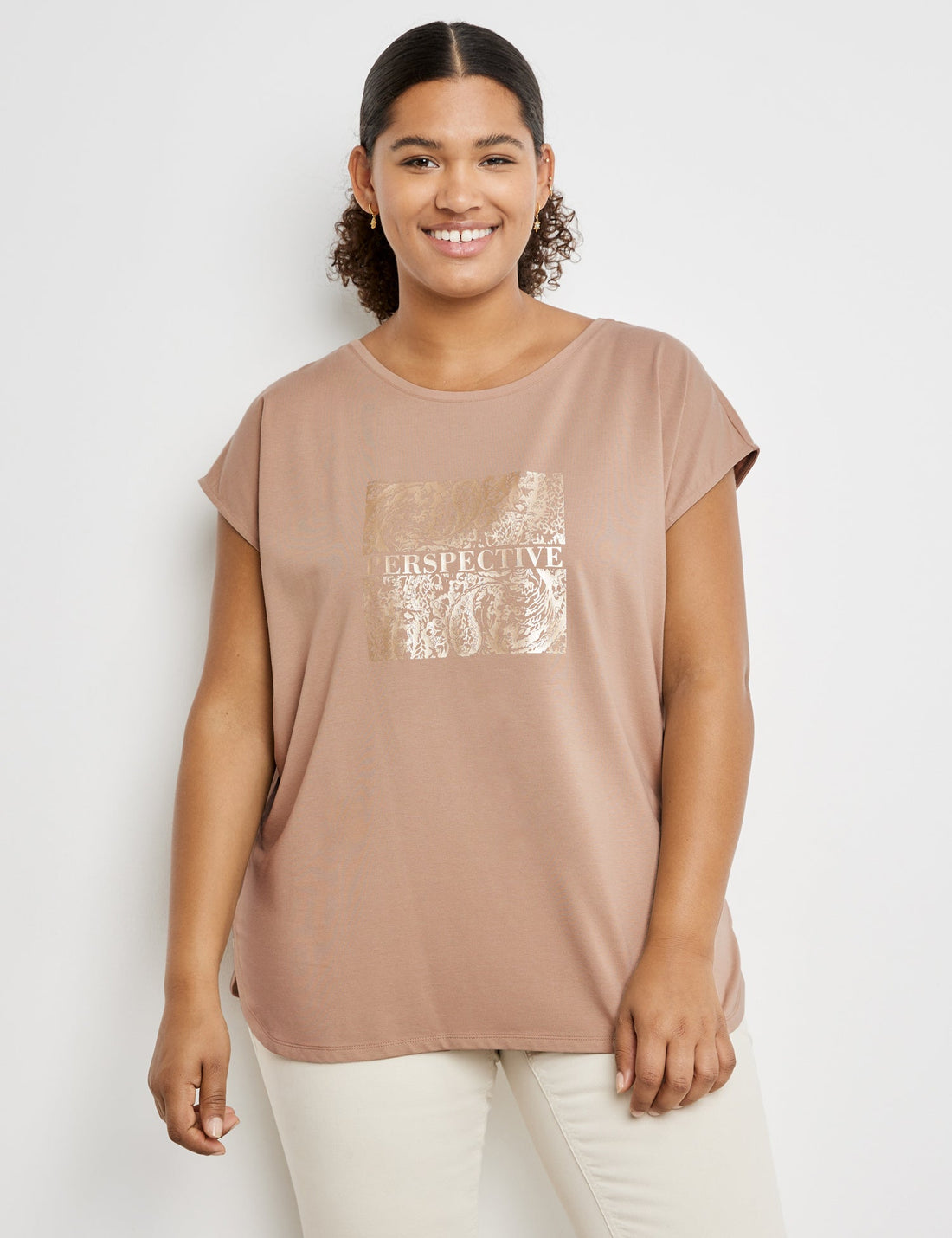 Beige T-Shirt With Metallic Print On The Front
