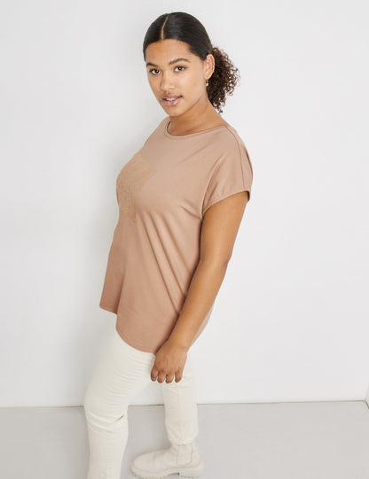 Beige T-Shirt With Metallic Print On The Front