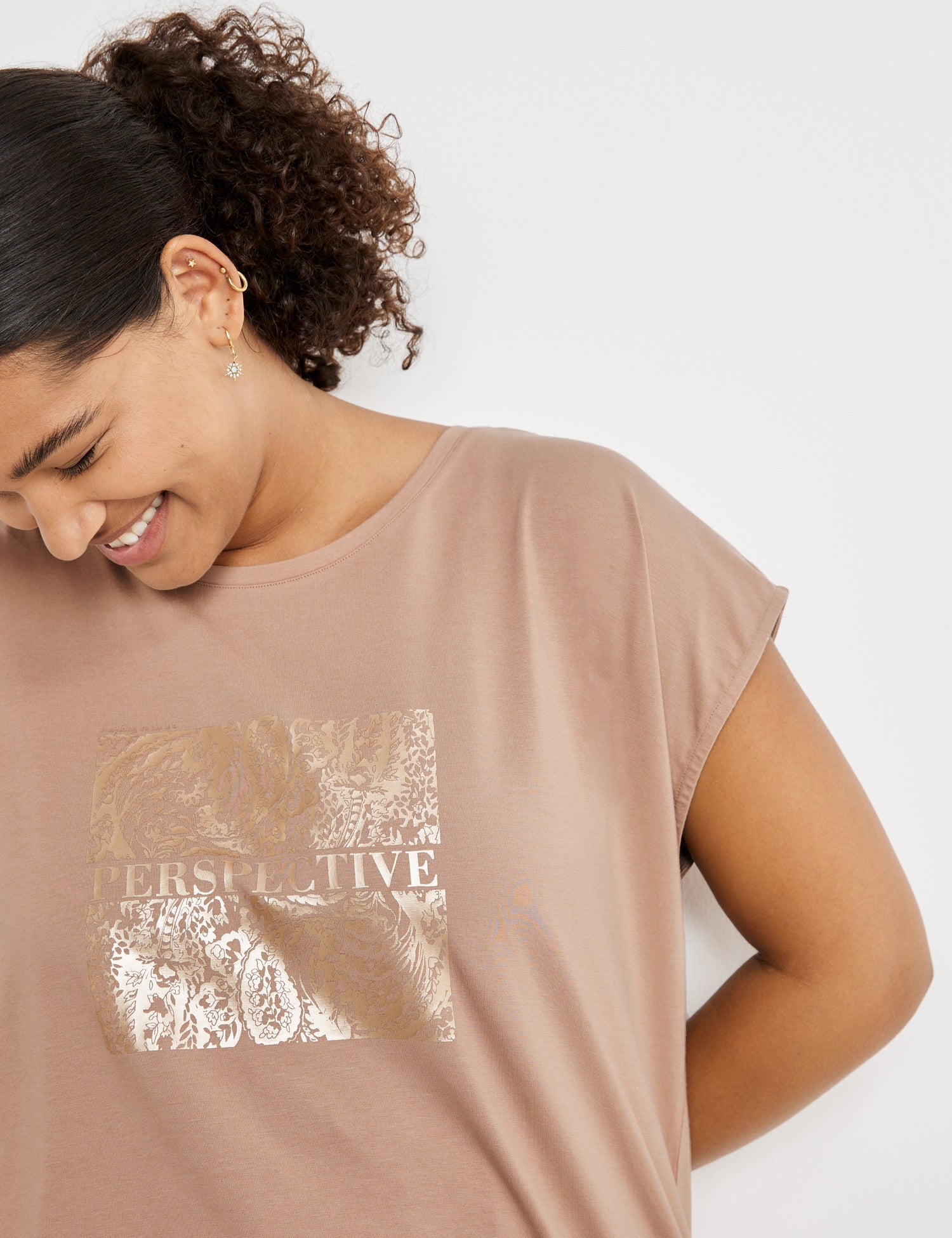 Beige T-Shirt With Metallic Print On The Front