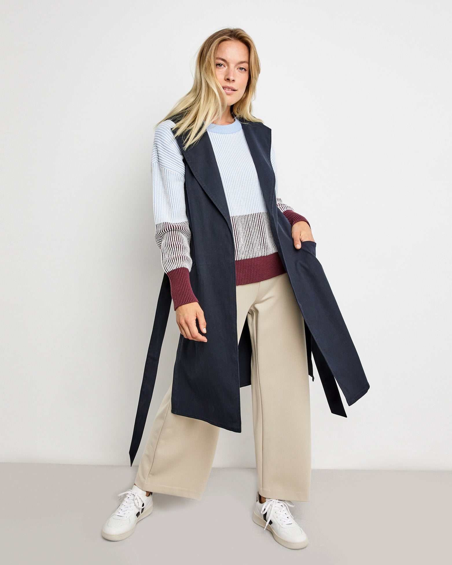 Dark Blue Long Waistcoat With A Tie-Around Belt