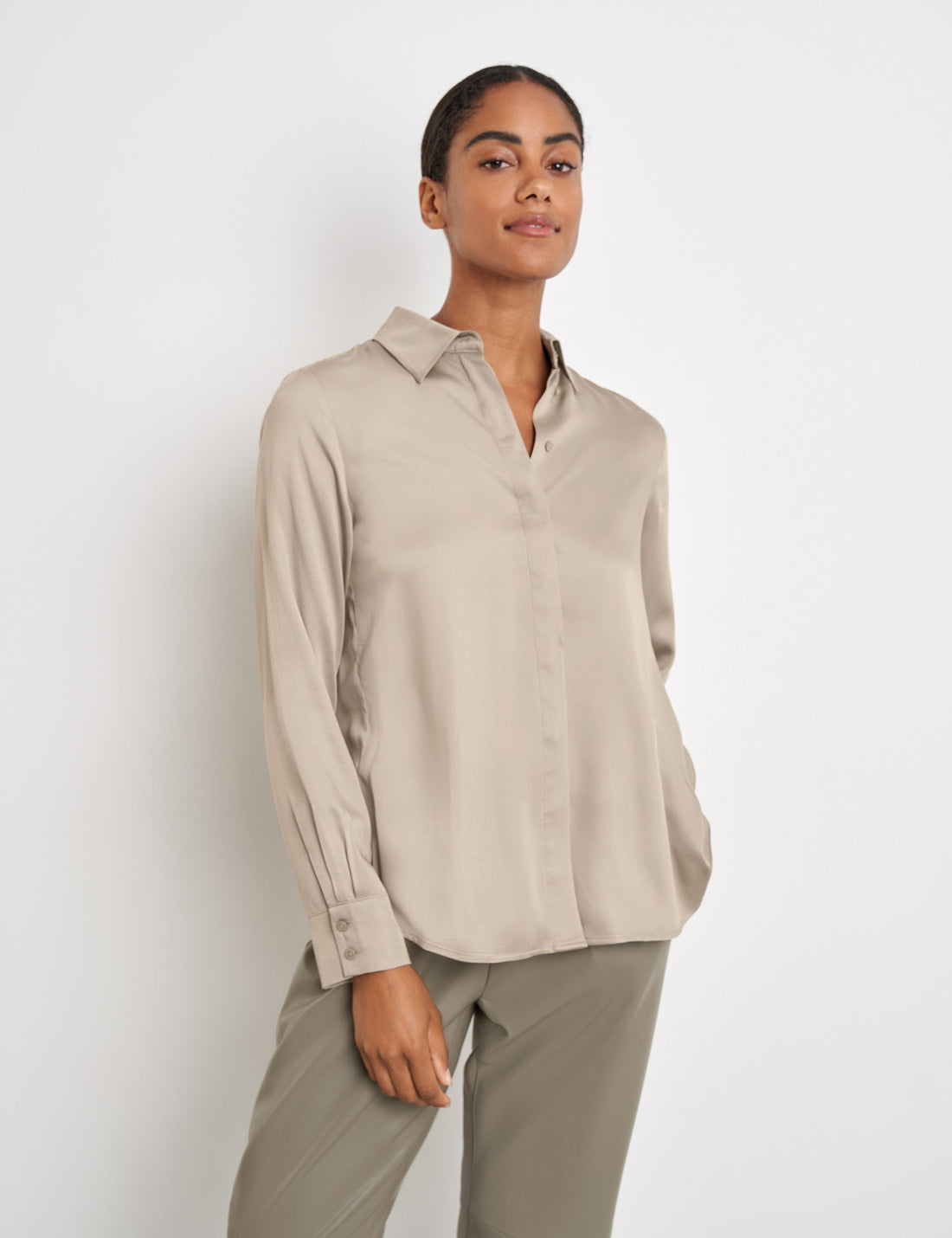 Beige Long Sleeve Blouse With Pleats