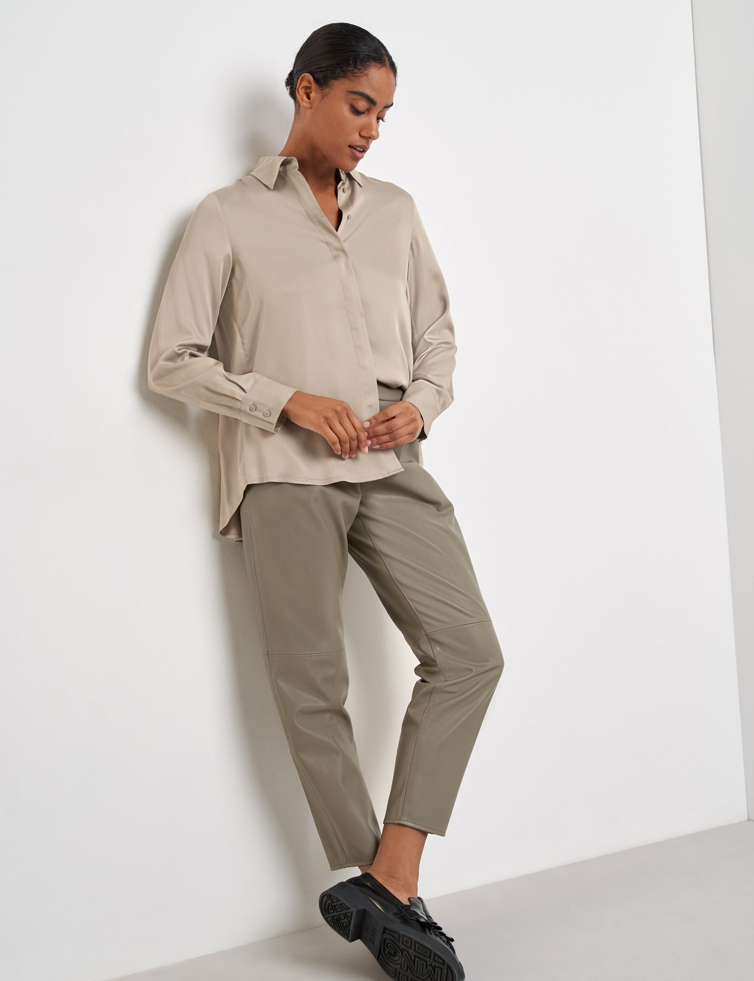 Beige Long Sleeve Blouse With Pleats