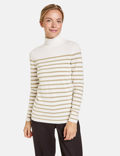 Beige Striped Turtleneck Sweater