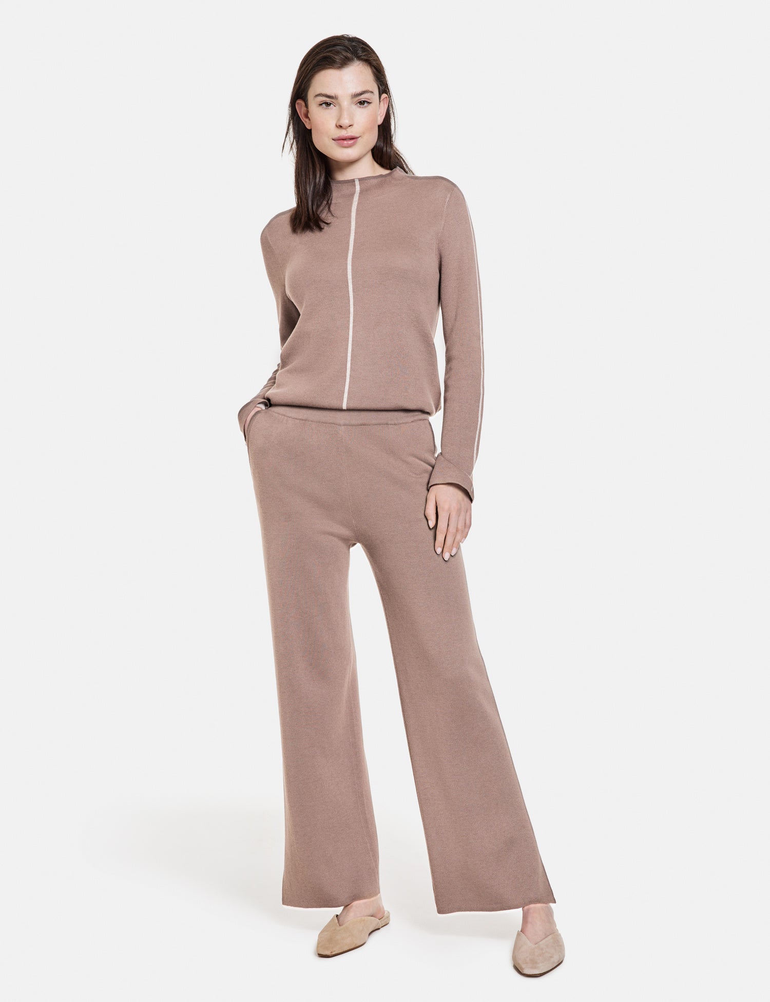 Beige Knitted Trousers With Side Slits Ecovero