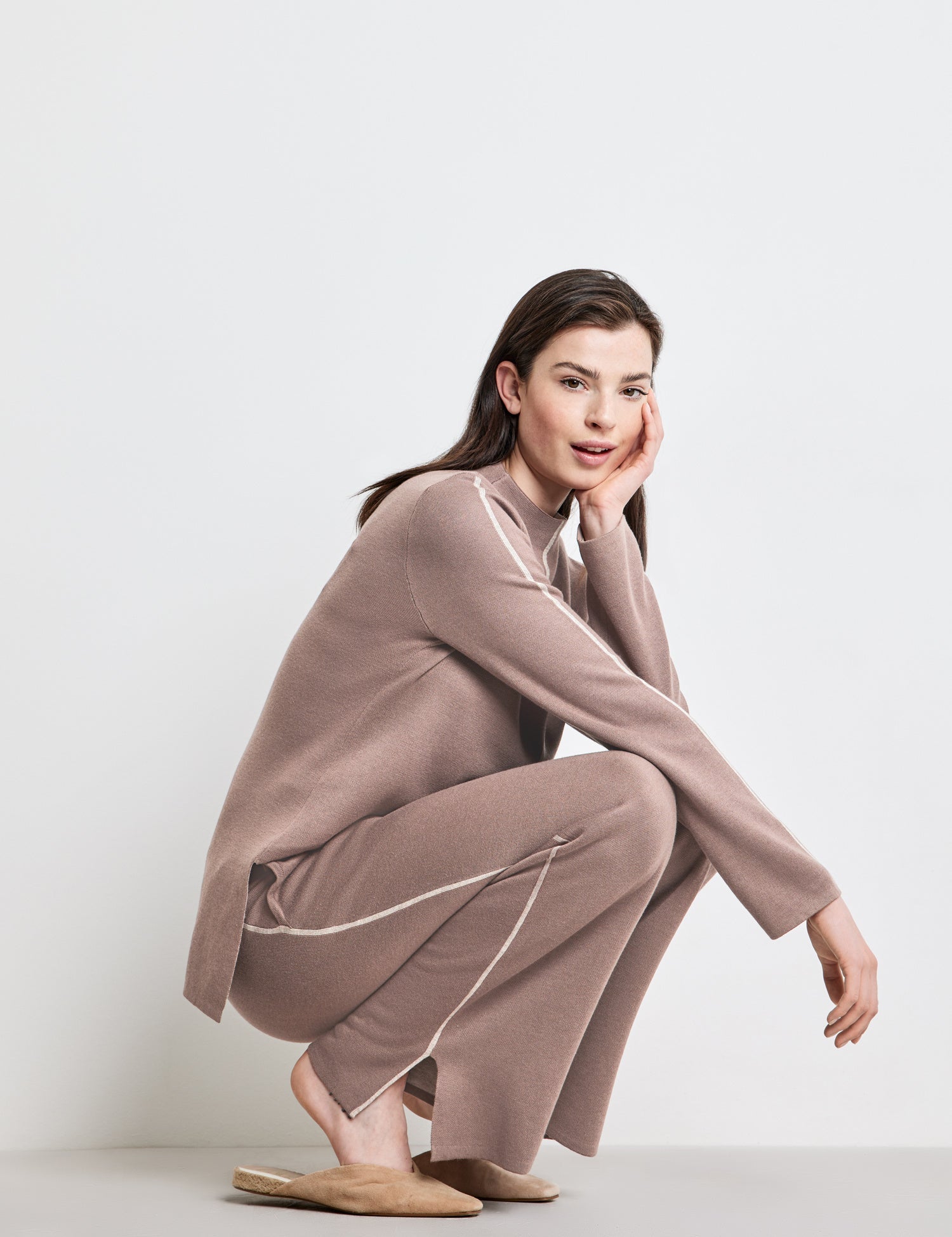 Beige Knitted Trousers With Side Slits Ecovero