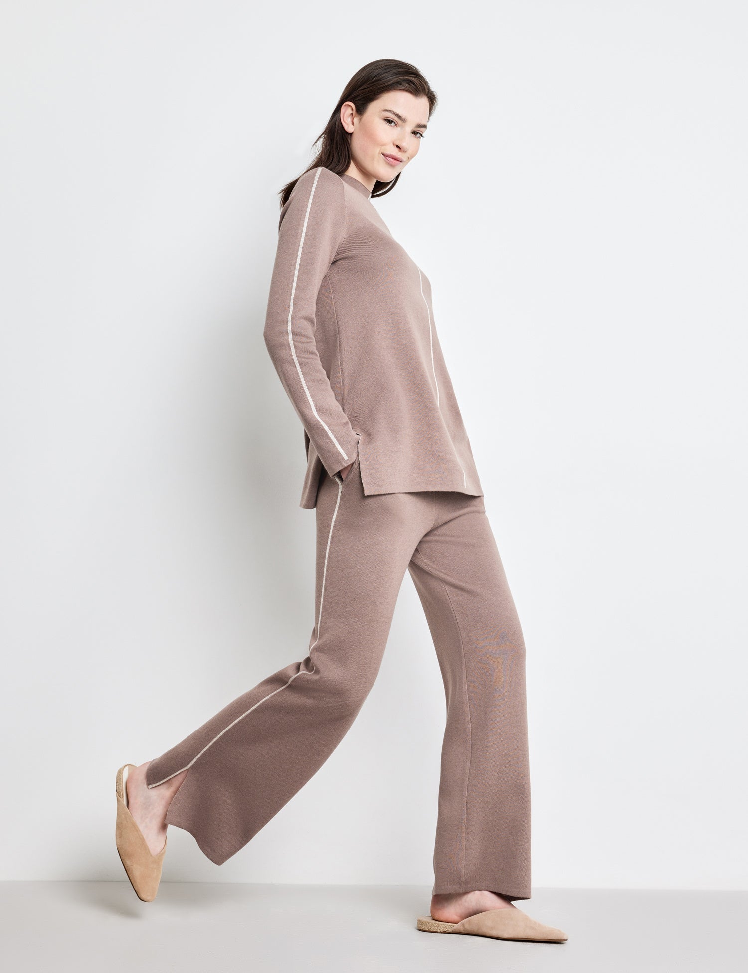 Beige Knitted Trousers With Side Slits Ecovero