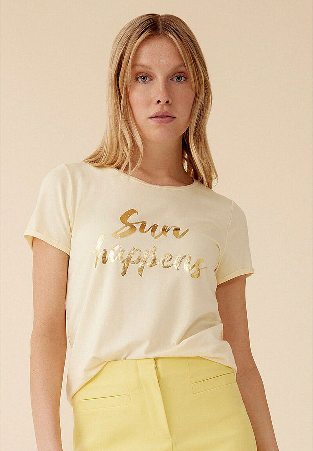 Beige T-Shirt With Metallic Design