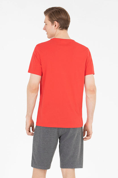 Red Short Sleeve Round Neck Graphic T-Shirt With Brand Name